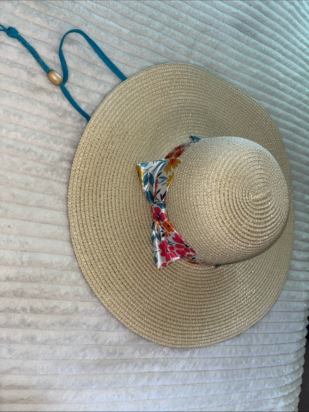 Natural Straw Wide-Brim Sun Hat with Floral Band and Blue Chin Cord